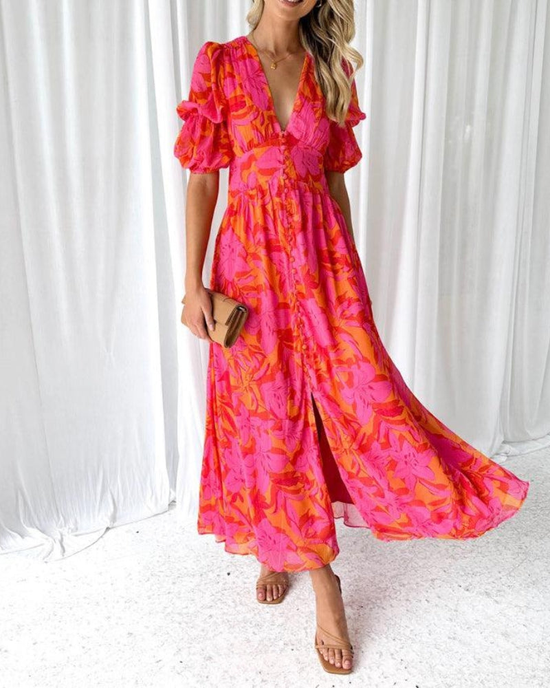 Van Laar® | Elegante V-hals Maxi jurk met pofmouwen