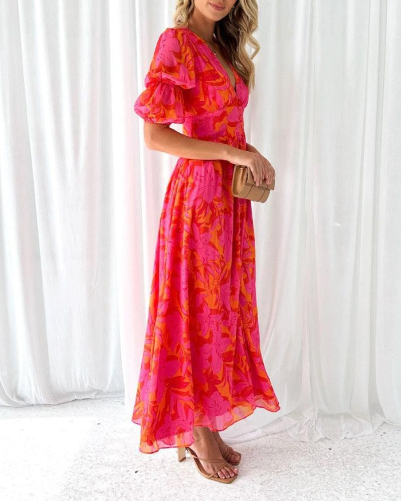 Van Laar® | Elegante V-hals Maxi jurk met pofmouwen