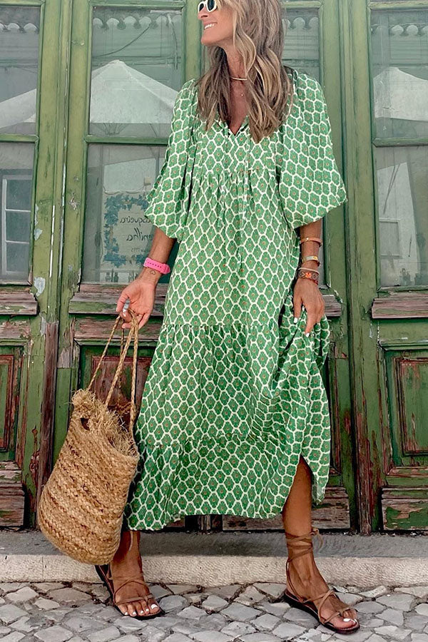 Van Laar – Midi-jurk met Pofmouwen en Gelaagde Rok