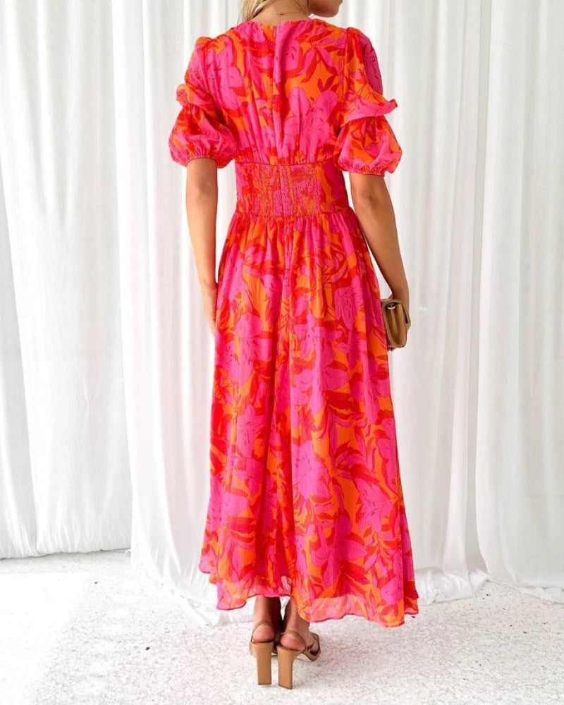 Van Laar® | Elegante V-hals Maxi jurk met pofmouwen