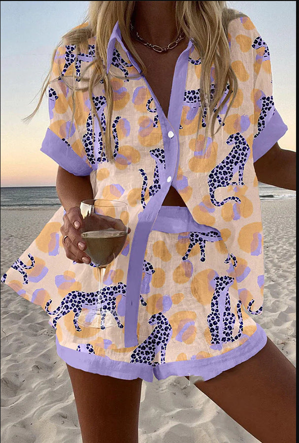 Reolia – Tweedelige korte linnen outfit met luipaardprint